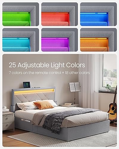 Image of VASAGLE LED Bed Frame Full Size, Full Bed with Headboard and 4 Drawers, 1 USB Port and 1 Type C Port, Adjustable Upholstered Headboard 37.1 /39.6 Inches, No Box Spring Needed, Light Gray URMB822G01