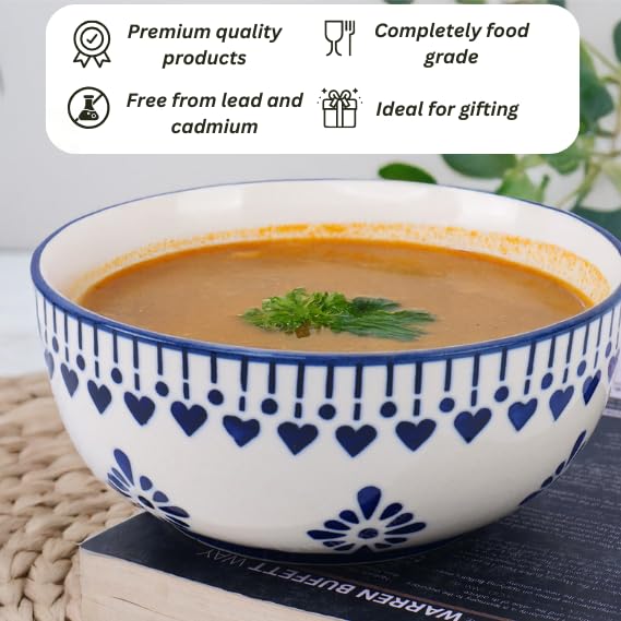 Image of Niyara Ceramic Printed Bowl Set of 2 | Premium Serving Bowls for Snacks, Soup & Desserts | Microwave & Dishwasher Safe (Blue Floral prin)