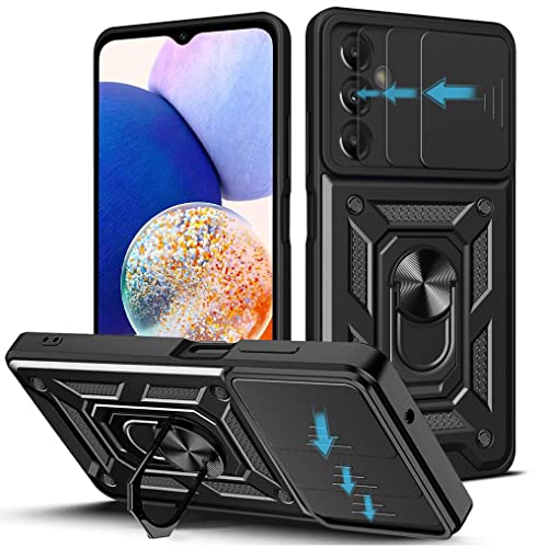 Loyhee Coque pour Samsung Galaxy A14 5G / 4G (6.6'), Protection de la Caméra Étui avec Lentille Coulissante Couverture et Support à Bague PC Dur et TPU Silicone Antichoc Anti-Rayures – Noir