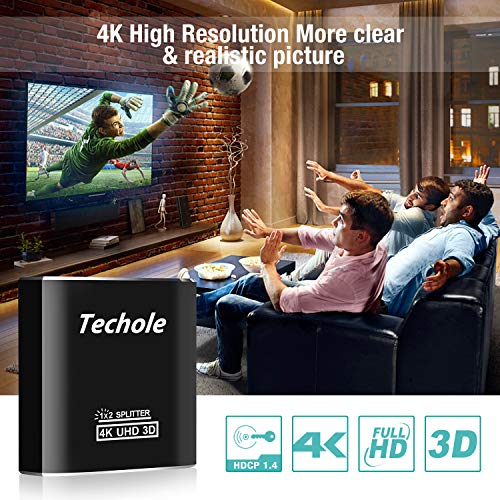 HDMI Splitter 1 in 2 Out - Techole 4K Aluminum Ver1.4 HDCP, Powered HDMI Splitter Supports 3D 4K@30HZ Full HD1080P for Xbox PS4 PS3 Fire Stick Roku Blu-Ray Player Apple TV HDTV - Thumbnail 2