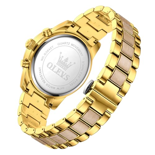 Image of OLEVS Men Watch Wooden Accent Band Multi Function Dial Luminous Waterproof Casual Luxury Business Watch