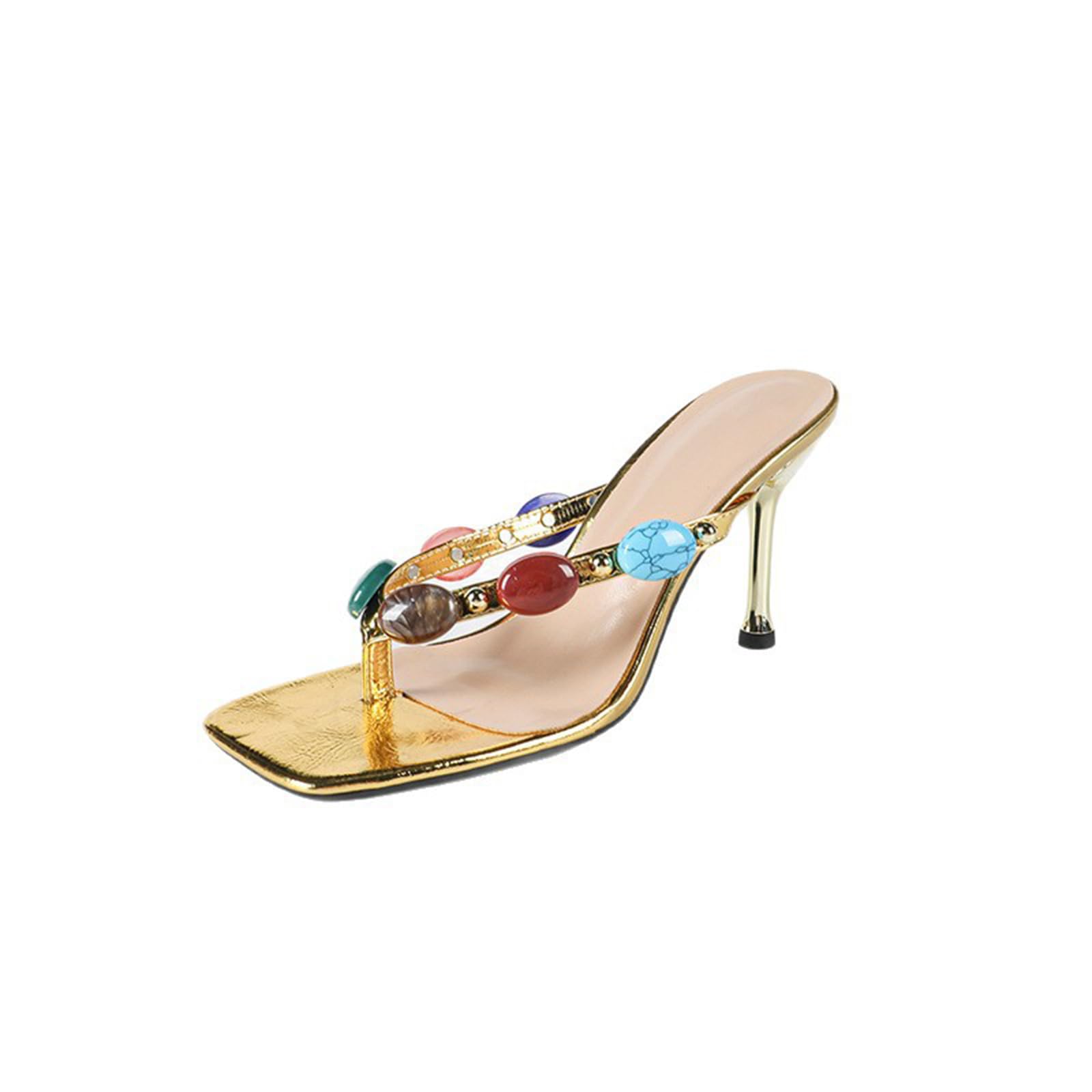 Femmes Flip Flop Slip on Talon Mules Rond Bout Ouvert Strappy Stiletto Talons Hauts Mariage Party Robe Chaussures