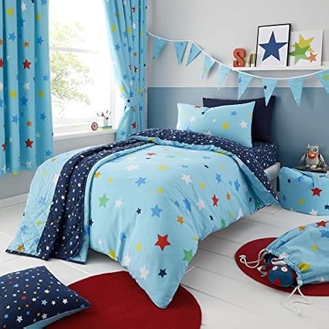 Happy Linen Company Girls Boys Kids Multi Stars Blue Double Reversible Duvet Cover Bedding Set Cover
