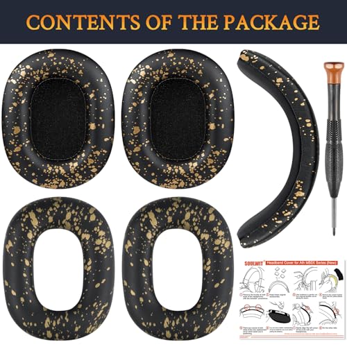 Image of SOULWIT Ear Pads Cushions + Headband + Silicone Earpads Cover Protector, Replacement Kit for ATH M50, M50X, M50XWH, M50XBT, M50XBT2, M50S /LE Headphones, Replacement Repair Part (Black Gold)