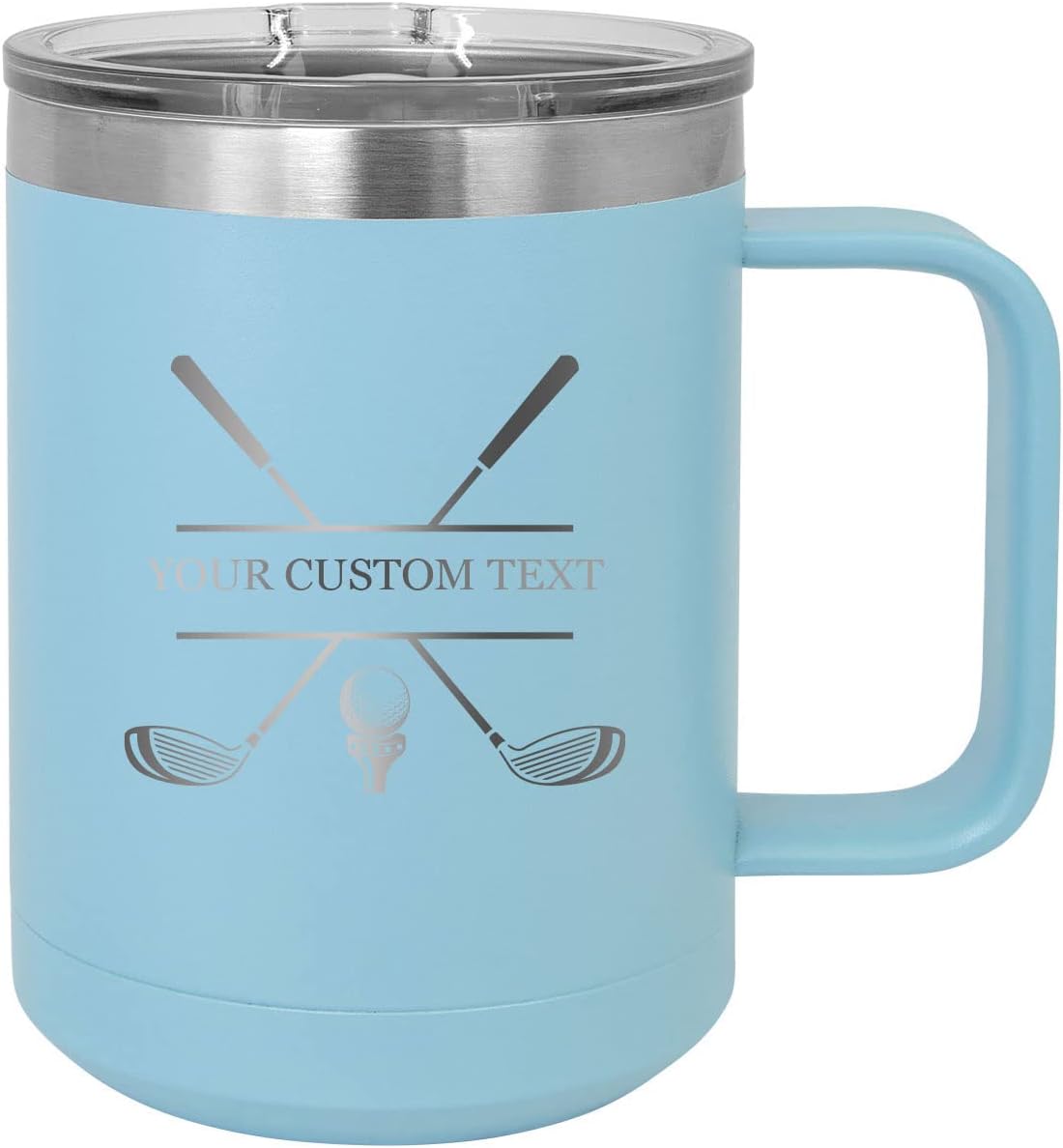 Personalized Add Your Custom Text Golf Insulated 15-Ounce Stainless Steel Travel Tumbler Drinking Car Coffee Mug, Handle, Slider Lid - Customizable (Light Blue)
