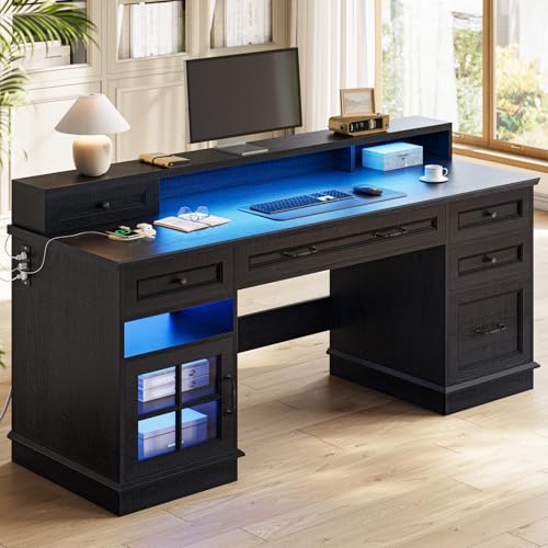 HAUOMS Farmhouse Executive Desk with Drawers Computer Desk with File ...
