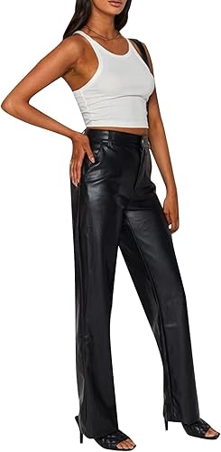 Miniatura 3 de pengnight Pantalones de piel sintética negra para mujer, cintura alta, casual, rectos, pierna ancha, estilo punk