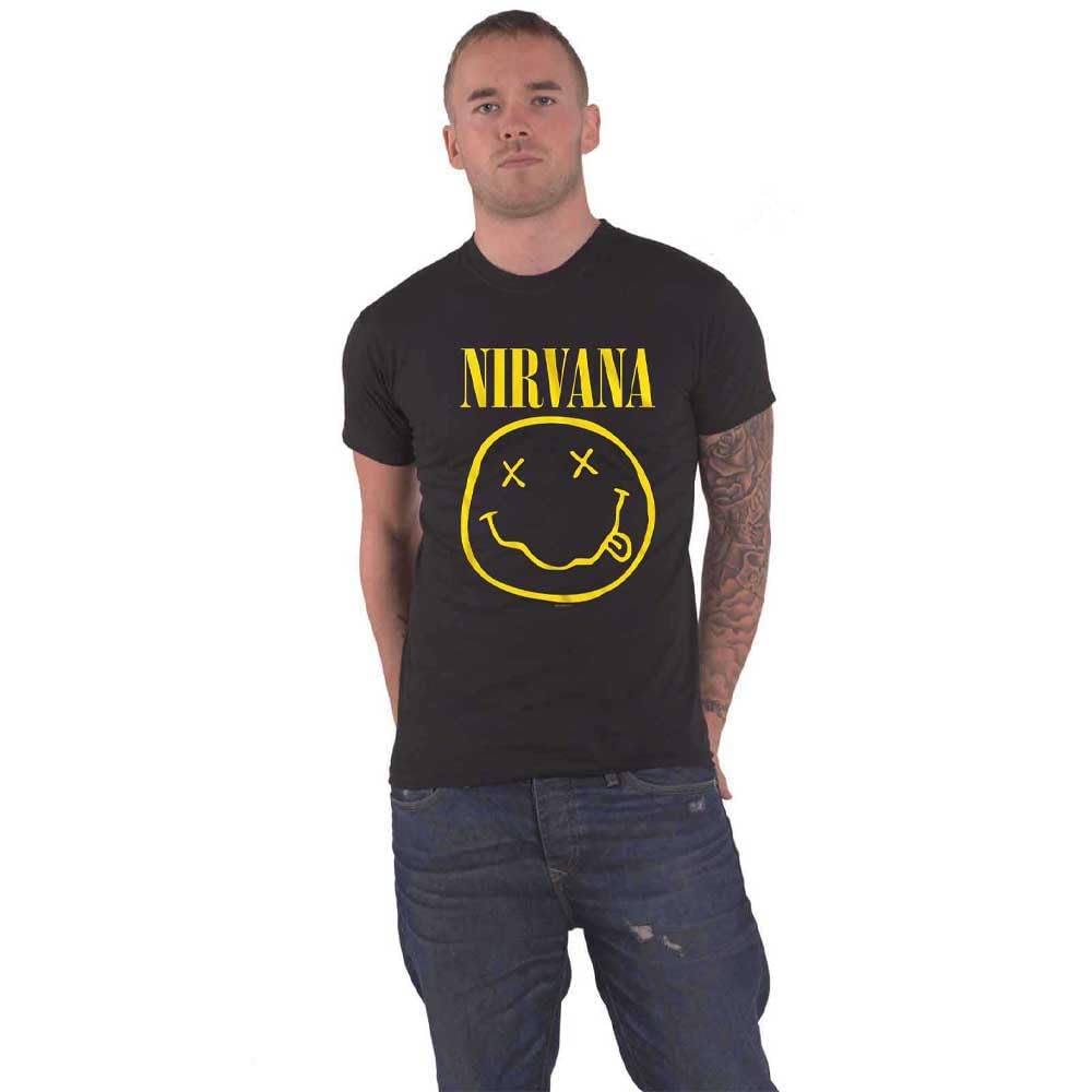 Nirvana T Shirt Yellow Smile Band Logo Official Mens Black S
