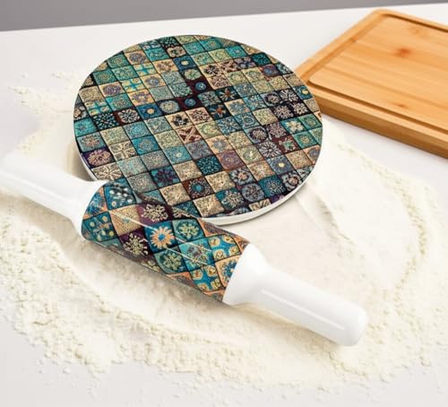 Image of Marble Chakla Belan Set - 25.4 cm Board / 30.5 cm Rolling Pin | Hena Green Design | Traditional Roti Rolling Board and Pin Set | Smooth Finish Kitchen Tool for Chapati, Paratha & Puri