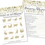 Hadley Designs Gold Baby Shower Games Gender Neutral-2 Games Double Sided, 25 Baby Animal Matching, 25 Nursery Rhyme, Gender Reveal Games for Guests, Baby Shower Party Supplies