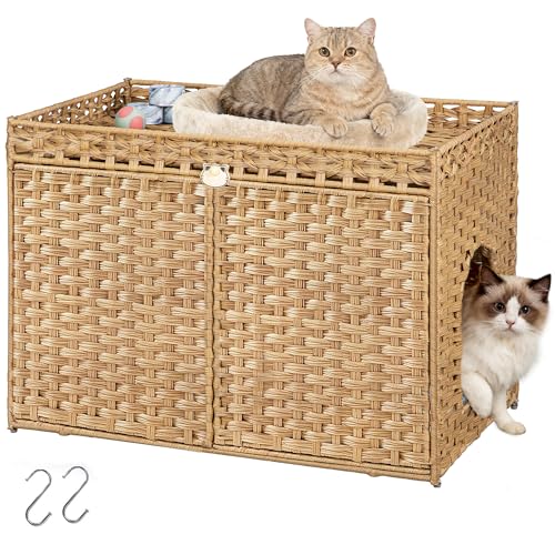 Fobyfurny Katzenklo Schrank, Handgewebtes Rattan-Katzenhaus mit Matte und Zaun, Katzenklo Versteckt in Möbeloptik mit 2 S-Haken, für Wohn- und...