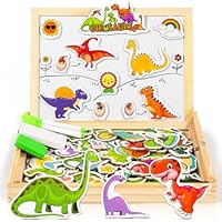 COOLJOY Wooden Magnetic Puzzle toys | Dinosaur Toys for 3 Year Old Boys | Dinosaur Magnetic Board 100+ PCS for Kids | Wooden Toys for Boys Girls Kids 3 4 5 Year Olds
