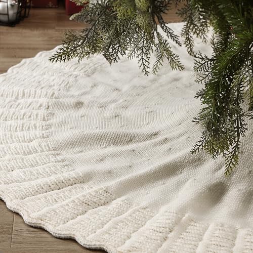 NIBESSER Ivory Knit Christmas Tree Skirt 48' for Christmas Decorations - Yarn Thick Rustic Cable Knit White Tree Skirt Mat for Home Party Holiday Ornaments