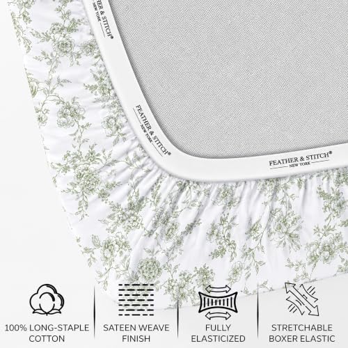 Image of Feather & Stitch Printed 500 TC Split King Size Sheet Set, 5 Piece Bed Sheets Set, 2 Twin Fitted Sheet, 1 King Flat Sheet & 2 King Pillowcases, 18 inch Deep Pockets Sateen Weave - Green Floral Toile
