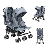 Jovikids Twin Lightweight Baby Stroller, Folding Double Pushichair with Large Sun Canopy, Rain Cover, Cup Holder, Capacity up to 30 kg, Adjustable Backrest, Lockable Wheels (Grey, Twin)