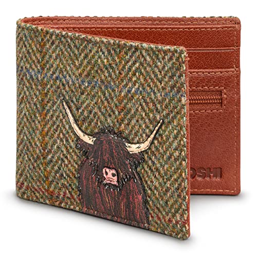 Yoshi Highland Cow Harris Tweed & Leather Wallet, Mens Leather Wallet, RFID Wallet, Brown Leather Wallet