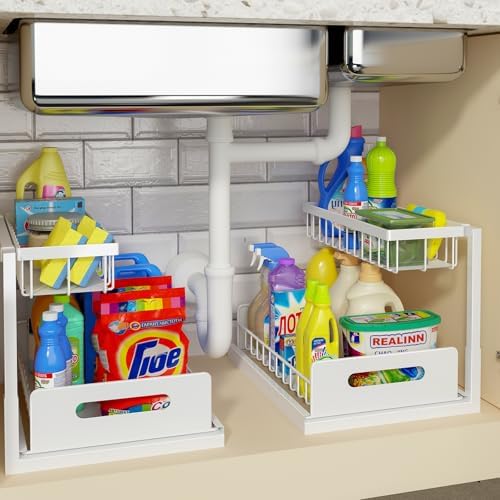 REALINN Under Sink Organizer, Pull Out Cabinet Organizer, 2 Tier Metal Slide Out Shelf with L Shaped Design, Under Cabinet Storage for Kitchen, Bathroom, Laundry, Deep Cabinet Shelf Storage, White