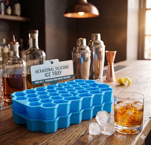 Image of Silicone Honeycomb Ice Cube Tray | 37 Cavity Flexible Freezer Mould Small Ice Cubes Tray | Soft Silicone Ice Maker for Whiskey Fridge Bar | Reusable & Lightweight - Blue & Greenn
