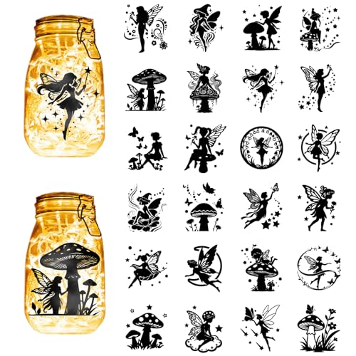 CREATCABIN 24Pcs Fairy Silhouettes Mason Jar Decor Mushroom Cardboard Scrapbook Cutouts Die PVC for Crafting Lantern Jars Wall Painting Windows Glass Phones 3.9x3.5Inch-No Sticker