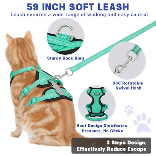 Image of Cat Harness for Walking, Escape Proof Cat Harness and Leash Set with Reflective Strip, Adjustable Cat Leash Breathable Soft Vest for Small to Large Cats, Green, S