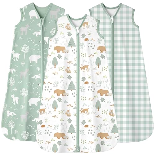Image of FIEMOL Baby Sleep Sack 6-12 months, 100% Cotton Sleeping Sack for Newborn and Infant, 3 Pack Baby Wearable Blanket, 0.5 Tog Lightweight Double Zipper Sleep Bag Medium Green Forest Bear