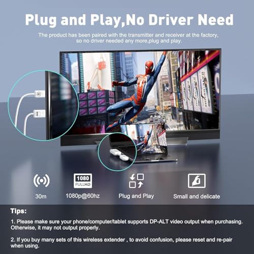 Image of HDMI Extender, USB-C Wireless Transmitter and HDMI Wireless Receiver 1080P@60Hz 50m /98ft Transmission,Plug and Play, 2.4 /5GHz Stable Streaming to Monitor /Projector /HDTV