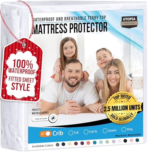 Image of Utopia Bedding Waterproof Mattress Protector Crib Size, Premium 200 GSM Terry Mattress Cover, Soft & Breathable Bed Cover, Fitted Sheet Style with Stretchable Deep Pockets 5" (White)