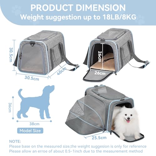 Petsfit Faltbarer Transporttasche Katze und Hund,erweiterbare Katzentransportbox mit Schultergurt Hundetragetasche Flugtasche Oxford Gewebe für Katze und Hund, L/Grau/Einseitig