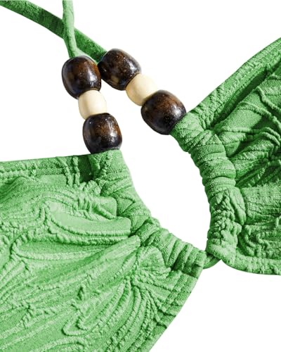 VOLAFA Triangle Bikini Set for Women Halter Swimsuit Beaded Solid Tie Textured Cheeky Swimwear Two Piece Bathing Suit4