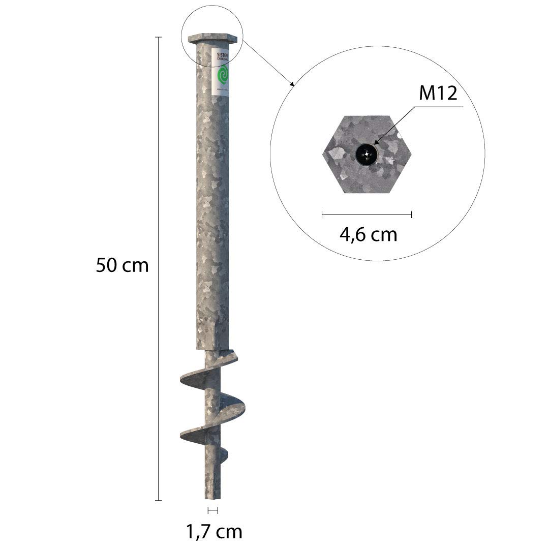 T-BLOCK - Kit professionnel de 4 vis d'ancrage au sol écologique longueur 50 cm Ø 35-17 tête hexagonale de 46 mm avec point fixe M12.