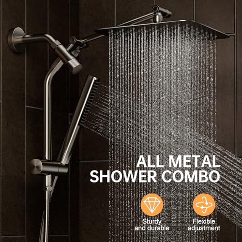 Image of Veken Brushed Nickel Shower Head, 10'' All Metal Rain Shower Heads with Handheld Spray Combo, Hand Held Bathroom Combo with Extension Arm, Dual shower with Power Wash, Adjustable Rainfall Showerhead