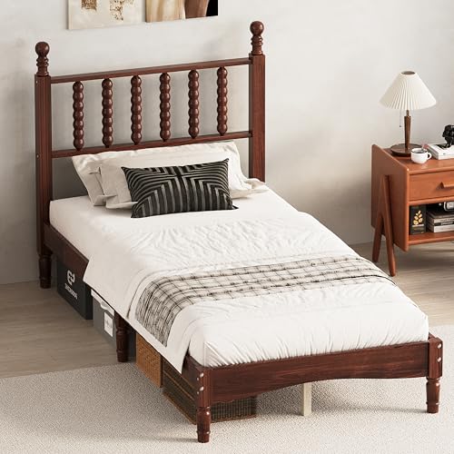 Elbionlife Twin Size Wood Platform Bed Frame with Spindle Headboard, Wooden Vintage Bed Frame with Under Bed Storage Space, Sturdy Slats Support, Walnut