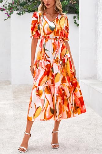 Image of Okiwam Womens Summer Dresses 2026 Spring Casual Floral Short Sleeve Ruffle Flowy Midi Dress Boho Beach Vacation Sundress