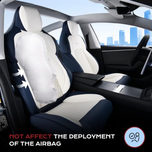Image of Coverado Front Seat Covers for Tesla Model 3, New Car Seat Covers, Front 2PCS Leatherette Car Seat Cover Seat Protector Custom for Tesla Model 3 2024-2025 New BlueWhite