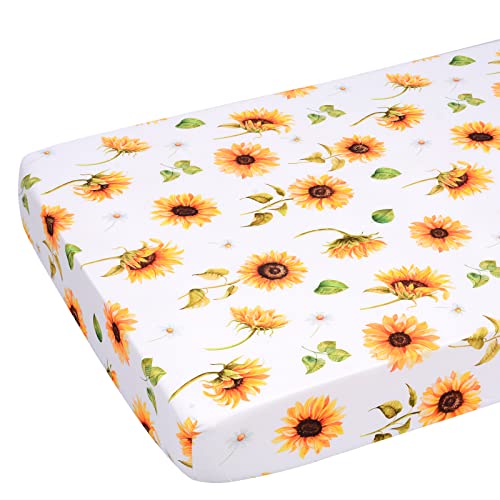 Image of JISEN Baby Crib Sheet 1 Piece Portable Fitted Crib Sheet for Standard Crib and Toddler Mattresses Nursery Bed Decor for Boys Girls 28x52 Inch Sunflowers
