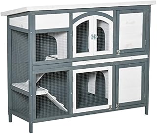 PawHut Two-Tier Wooden Rabbit Hutch Guinea Pig Cage w/ Openable Roof, Slide-Out Tray, Ramp - Grey