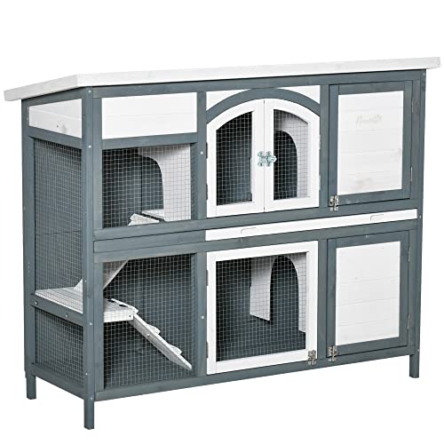 PawHut Rabbit Hutch, Guinea Pig Hutch 2-Tier Wooden Cage w/Ramp Roof, Grey