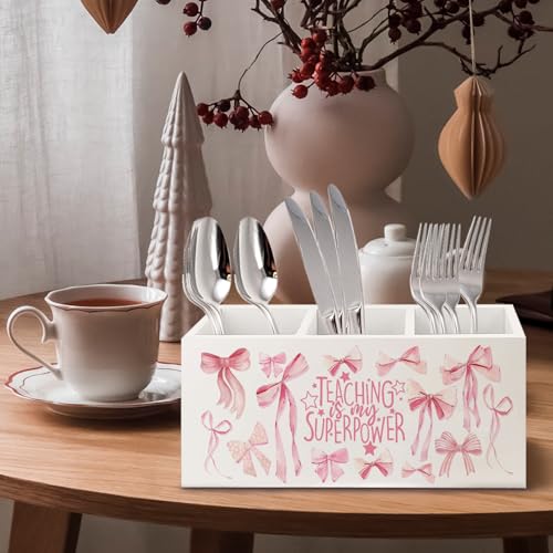 Image of Teacher Appreciation Gifts Wooden Pen Pencil Holder for Office Desk, Back to School Gifts for Teacher, Coquette Pink Preppy Teaching is My Superpower Makeup Brush Toothbrush Holder Organizer