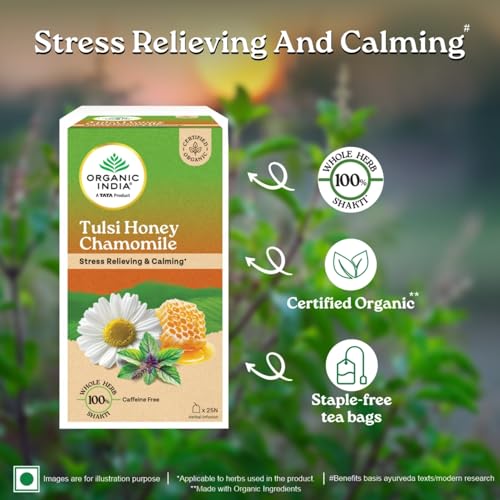 Image of A TATA Product - Organic India Tulsi Honey Chamomile Infusion - 25 Tea Bags, Certified Organic, Stress Relief, Calming, Promotes Sleep, Caffeine-Free