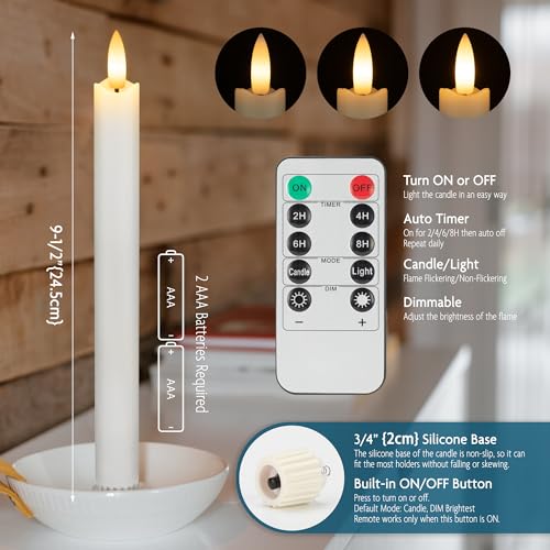 Flameless Taper Candles with Remote, Real Wax Battery Operated LED Candles Set with 3D Flickering Flame, 9.6 Realistic Dripless Candlesticks for Wedding Home Decor, 3 Pack White