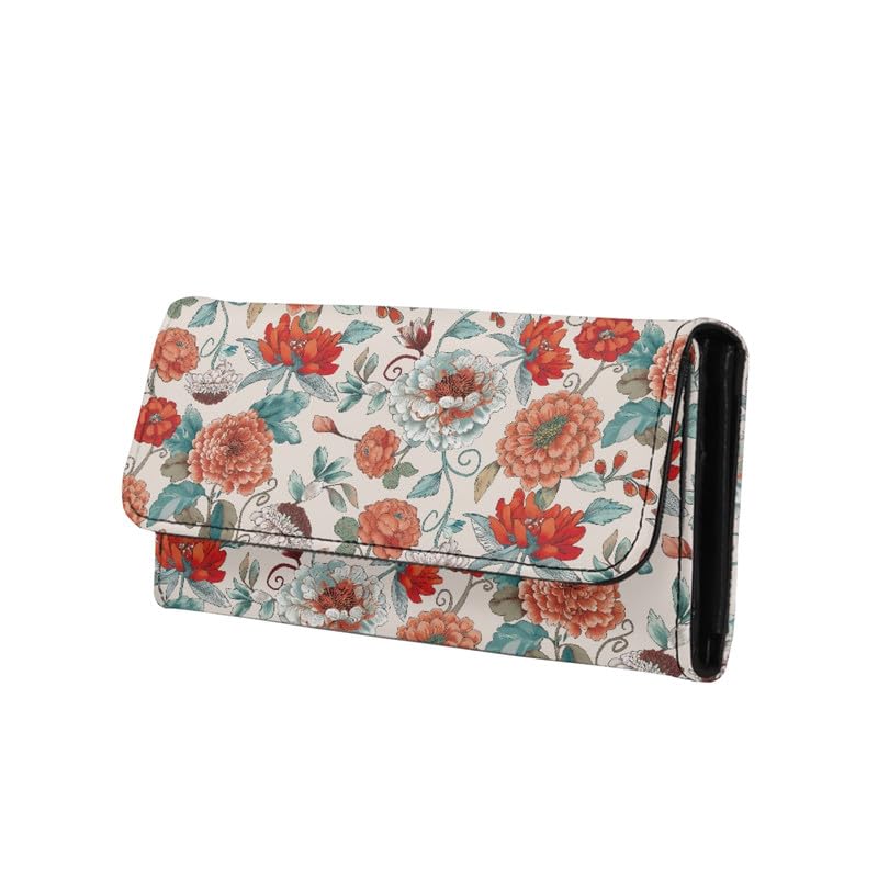 Dahlia Flowers Leather Wallets for Women Long Wallet with ID Window, Vintage Watercolor Floral Change Pouch PU Leather Purse Credit Card Holder 11 Card Slots