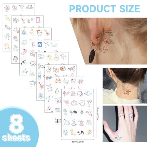 Image of MAYCREATE 8 Sheets Temporary Tattoo Mixed Styles Small Tattoo Sticker Last Long Realistic Tattoos for Women Girls Sweatproof Stickers Set for Body, Hand, Nails