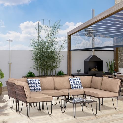 UDPATIO-7-Pieces-Outdoor-Patio-Furniture-Set-PE-Rattan-Wicker-Sofa-Set-Outdoor-Sectional-Couch-Patio-Conversation-Set-with-Washable-Olefin-Cushions-and-Coffee-Table-Brown UDPATIO 7 Pieces Outdoor Patio Furniture Set PE Rattan Wicker Sofa Set Outdoor Sectional Couch Patio Conversation Set with Washable Olefin Cushions and Coffee Table Brown
