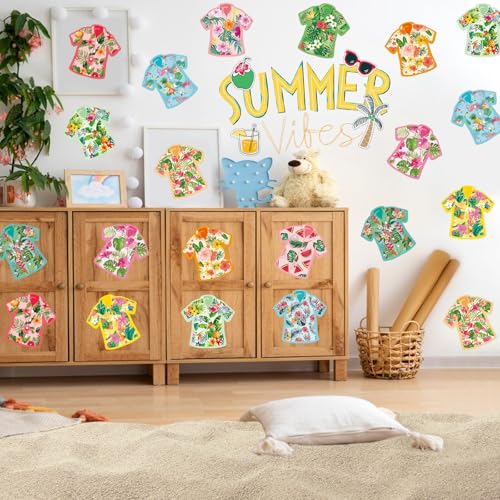 Image of 48Pcs Hawaiian Flower Shirt Cutouts Summer Bulletin Board Decorations Colorful Flower Shirt Paper Cut-Outs Tropical Theme Cutouts for Summer Party Home Office School Classroom Decor