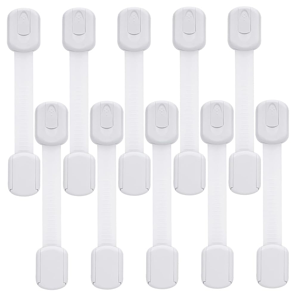 KWKW Pack of 10 Child Safety Strap for Cupboard, Door Locks for Children - Baby Proof for Cabinets Drawers Toilet Fridge Locks (White)