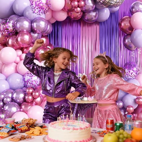 Image of Purple Pink Balloon Garland Arch Kit Birthday Party Decorations, Music Themed Foil Fringe Curtains Backdrop Tinsel Streamer Photo Booth Props for Butterfly Galentines Day Wedding Party Decor Supplies