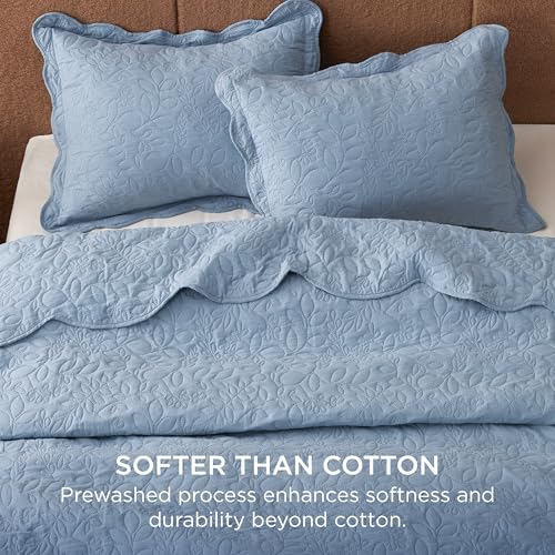Image of Bedsure Quilt King Size - Ultra Soft Pre-Washed Cloud-Like Bedding, All-Season Lightweight Comforter for Country Bedroom, Leaf Design Coverlet in Mineral Blue, 106 x 96 Inches
