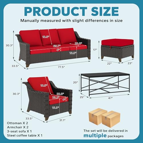 Image of 6 Pieces Outdoor Conversation Furniture Set - 77 inch Patio Sofa, 2 Armchairs, 2 Ottomans, 1 Metal Table, Patio Wicker Couch Set with Washable Cushions for Swimming Pool (Red) | Patio Chair Set with Olefin Removable Cushion, All-Weather Outdoor Couch with Deep Seat for Porch, Deck and Backyard, Red