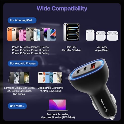 Image of DR VAKU 100W Car Charger Fast Charging Triple Port Dual 2X Type C PD PPS + QC 3.0 USB Car Mobile Laptop Adapter for iPhone 17 /16 /15 /14 /13 etc, Samsung All Series, Tablets, & Android Smartphones