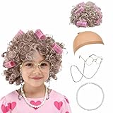 Znorso 100 Days of School Costume for Girls, Old Lady Wig Costume for Women, Grandma Granny Costume Wig for Kids Halloween Cosplay